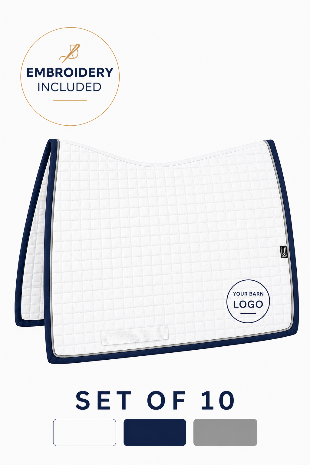 Full Set - Custom Ergonomic Square Cut Saddle Pad (White Navy Grey)