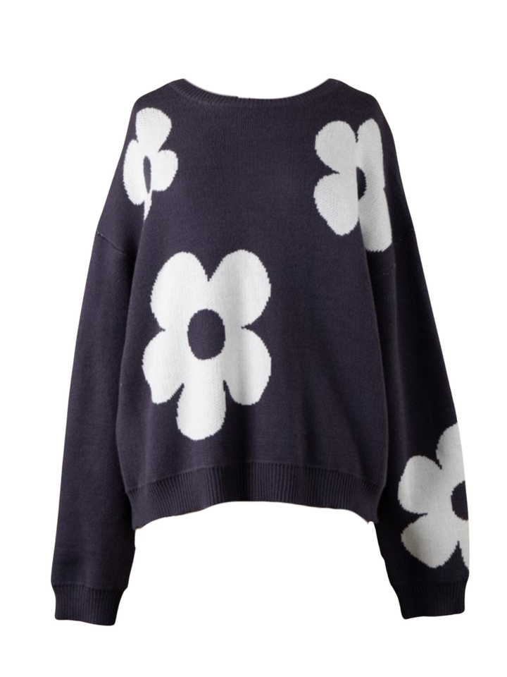 Basic Floral Sweater - Navy