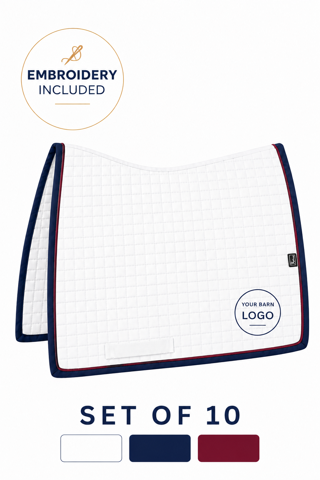 Full Set - Custom Ergonomic Square Cut Saddle Pad (White Navy Burgundy)