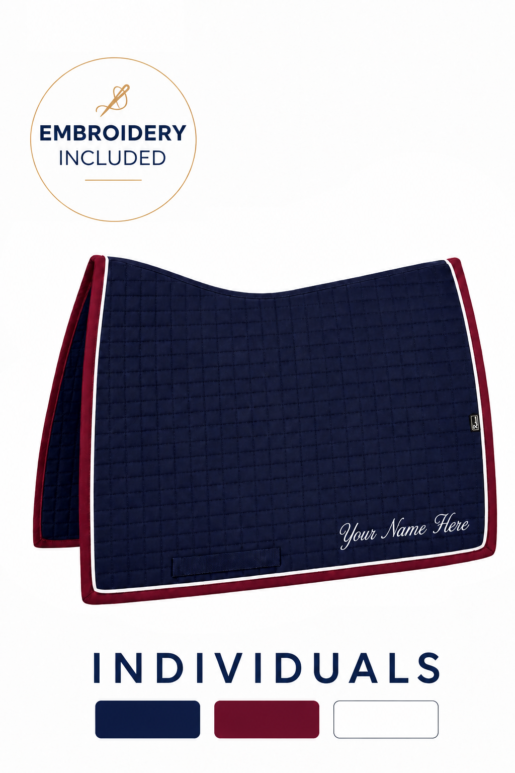 Custom Ergonomic Square Cut Saddle Pad (Navy Burgundy White)