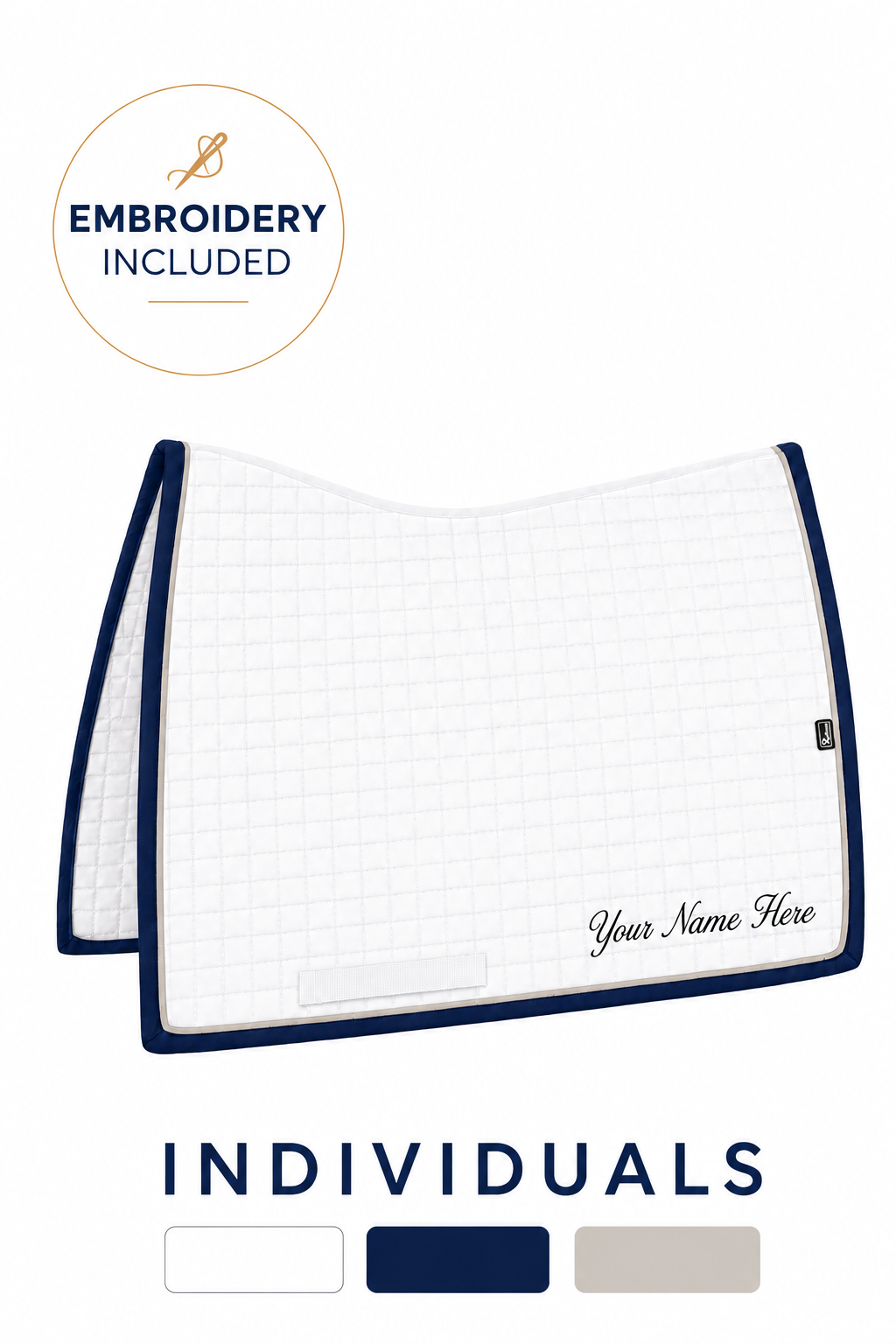 Custom Ergonomic Square Cut Saddle Pad (White Greige Navy)